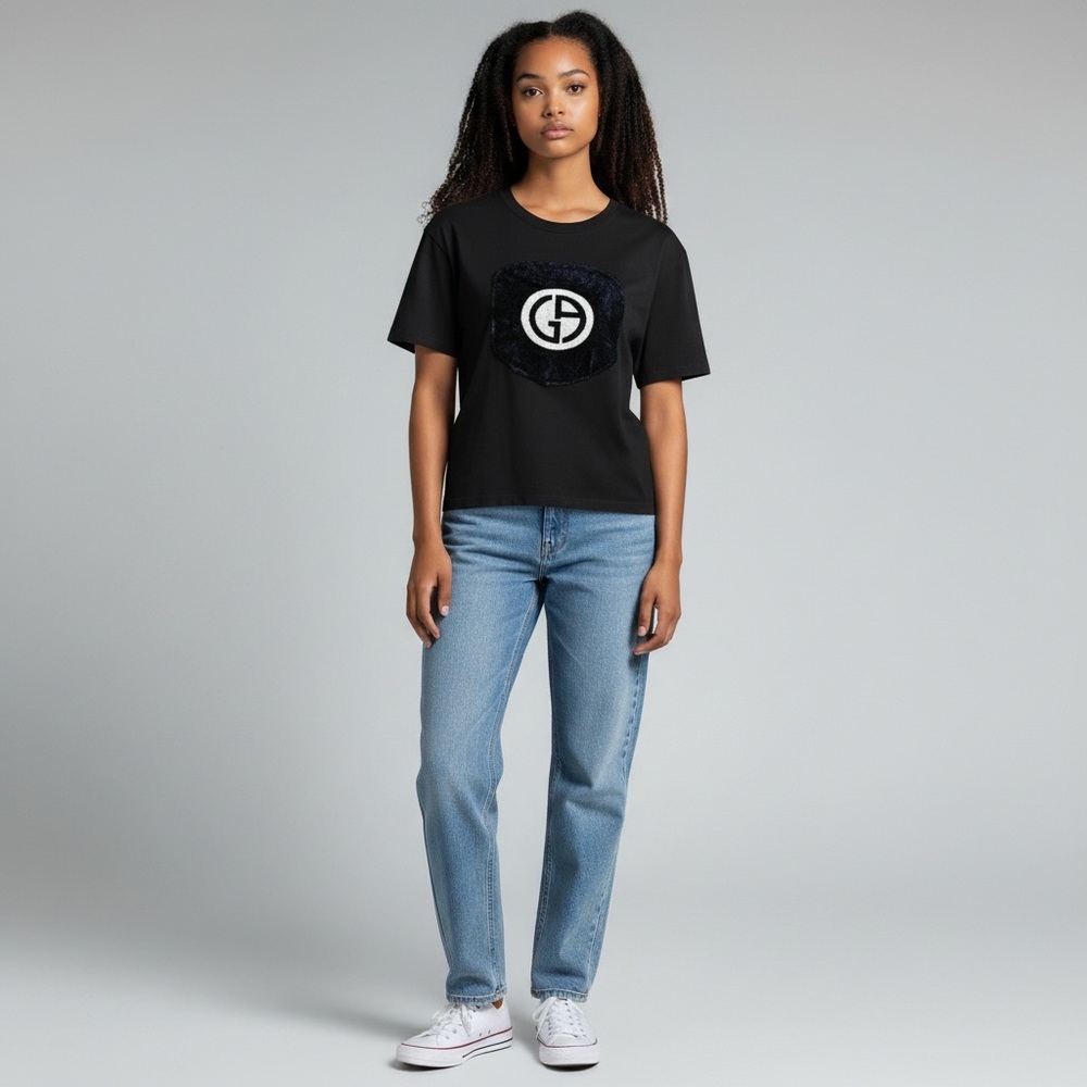Georgio Armani Women's Black T-Shirt with Velvet Oversized Logo Size 46 (XL/10)